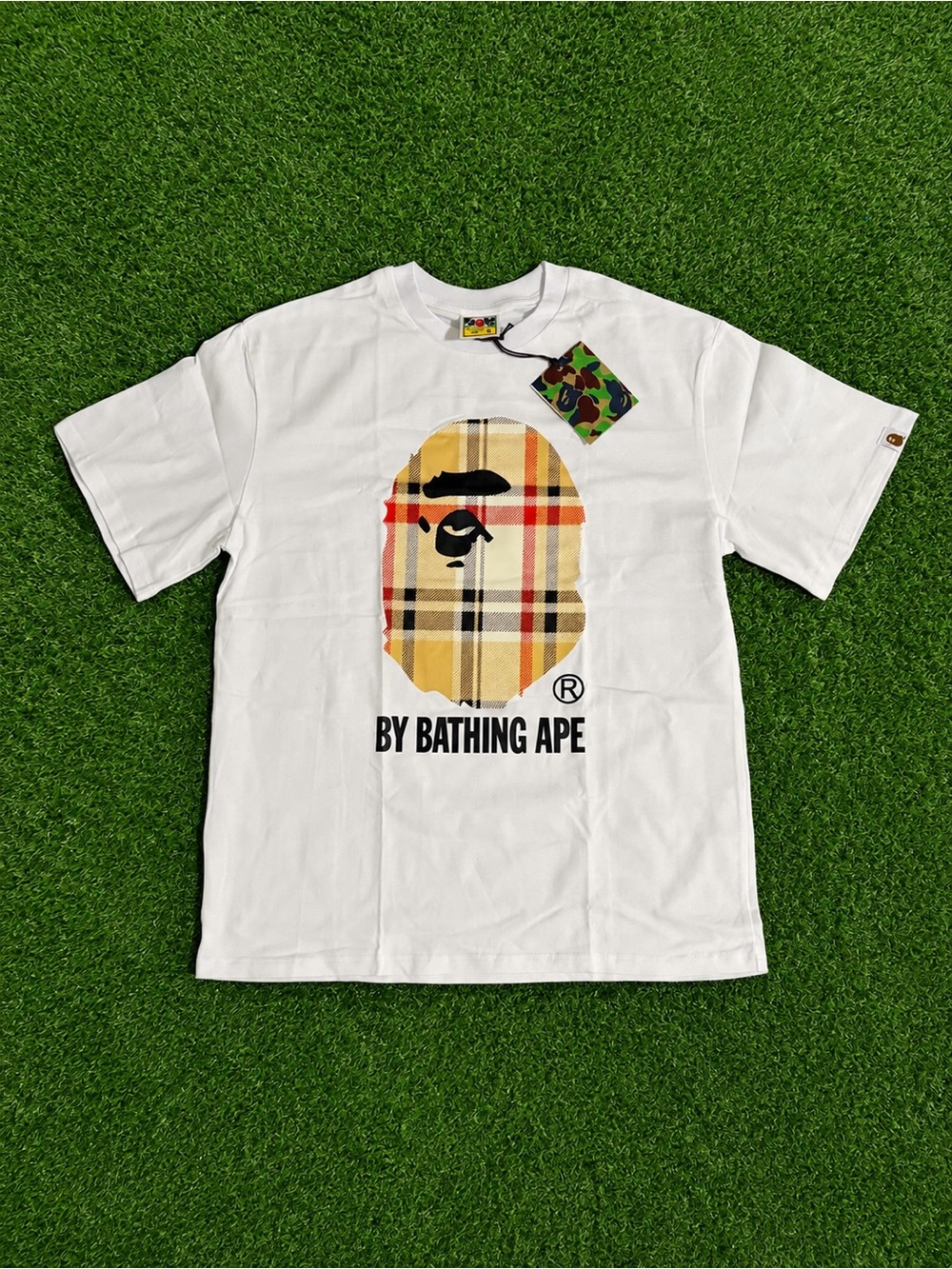 Bape White T-Shirt with Plaid Ape Logo